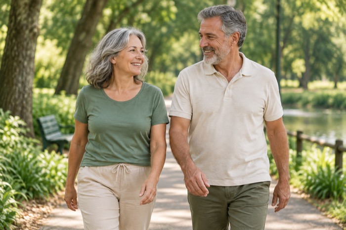 Cena ilustrativa de adultos em uma caminhada cotidiana