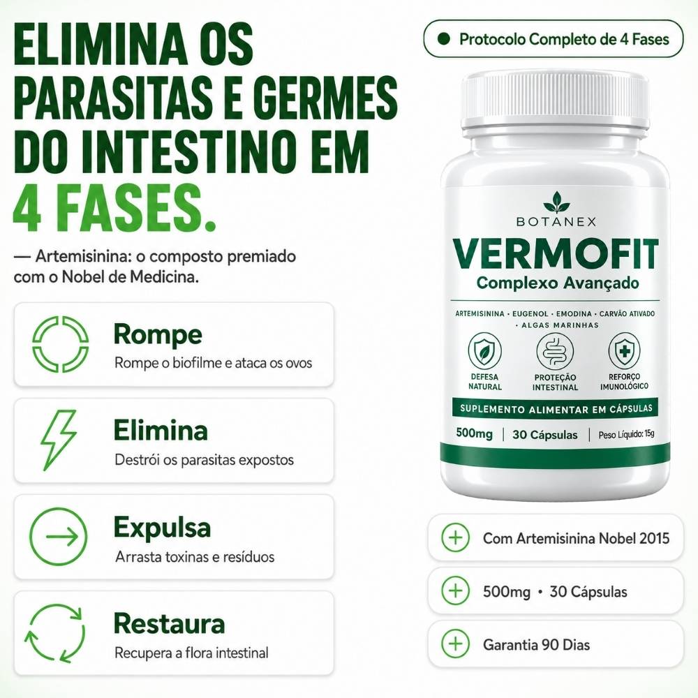Botanex VermoFit elimina os parasitas e germes do intestino em 4 fases: rompe, elimina, expulsa e restaura.