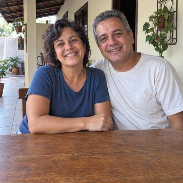 Cena ilustrativa de casal sorrindo na varanda de casa