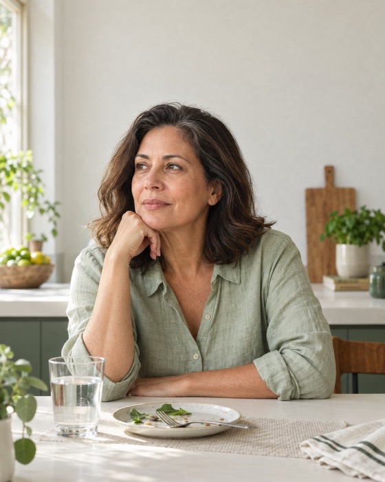 Cena ilustrativa de uma mulher adulta à mesa