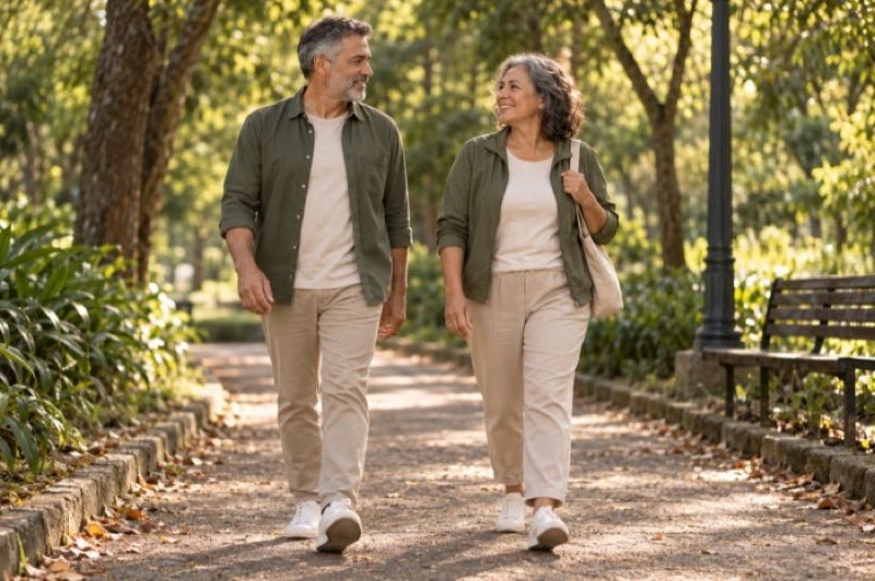 Cena ilustrativa de pessoas adultas caminhando em um parque